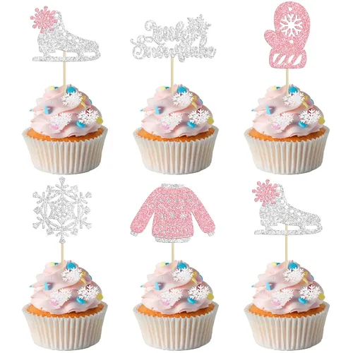 Vista 22 de Gyufise 24 piezas de copos de nieve Oh Baby Cupcake Toppers Glitter Winter Frozen Baby Shower Cupcake Picks para invierno, país de las maravillas