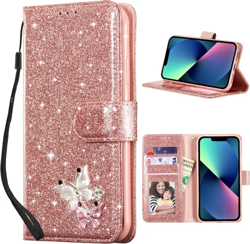 Vista 10 de UEEBAI Funda tipo cartera para iPhone 11, funda de piel sintética con purpurina para teléfono, ranuras para tarjetas, funda con función atril Negro