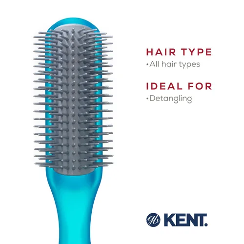 Vista 6 de Kent AHGLO01 Airhedz Glo Blue Cepillo de pelo desenredante estrecho medio redondo – 9 filas iónico antiestático no rayado largo cerdas de nailon