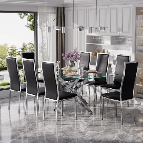 Vista 49 de Juego de mesa de comedor de cristal dorado moderno de 63 pulgadas para 6, juego de mesa de cocina rectangular de 7 piezas con patas de acero Negro