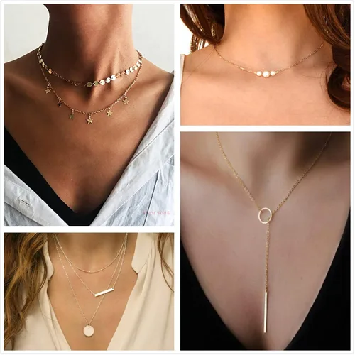 Vista 4 de Honsny Gargantilla en capas para mujeres y niñas, con monedas, luna, estrella, gargantilla multicapa, cadena de oro, juego de collar ajustable