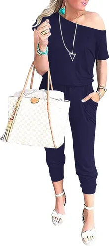 Vista 2 de ANRABESS Mono de mujer con cuello redondo, manga corta, cintura elástica, con bolsillo