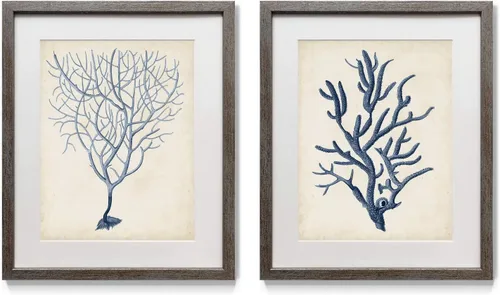 Vista 12 de Renditions Gallery Antique Coral in Navy (1) 2 Piece Framed Artwork Set, Underwater Ocean Themed Pair, Blue, Modern Distressed Silver Frame, White