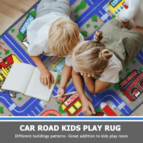 Vista 5 de Capslpad Alfombra Azul de Coche y Carretera para Niños, Alfombra de Juego para Sala de Juegos, Alfombra Antideslizante Lavable con Mapa de la Ciudad