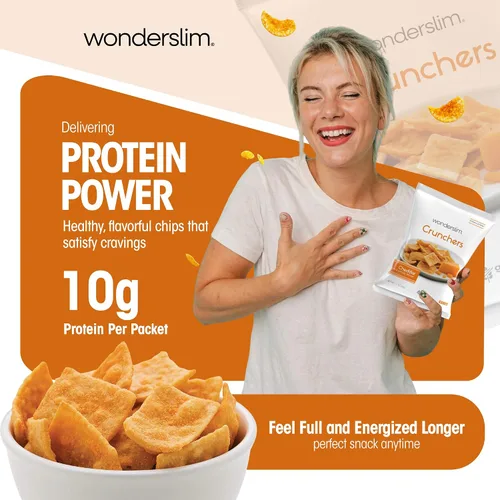 Vista 6 de WonderSlim Chips de galletas de proteína, cheddar, 0.35 oz de proteína, 0.11 oz de grasa, sin gluten (7 unidades)