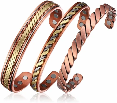 Vista 8 de MagEnergy Pulseras de cobre para mujeres y hombres, juego de 3 piezas, terapia magnética, pulsera hecha a mano 100% cobre, caja de regalo de joyería