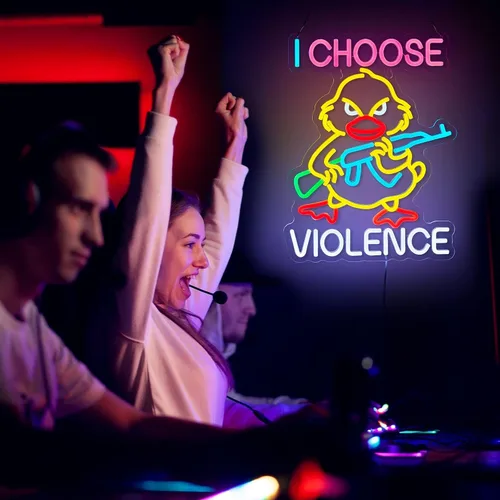 Vista 6 de Letrero de neón con texto en inglés "I Choose Violence Duck - Pistola de ganso con luz LED AK 47, decoración con USB, regulables, para pub, tienda