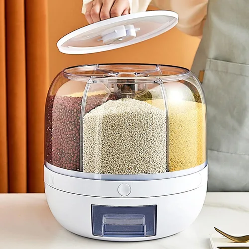 Vista 7 de Dispensador de arroz, dispensador de cereales giratorio 360, tanque de cereales de 6 rejillas, caja de almacenamiento redonda giratoria para granos