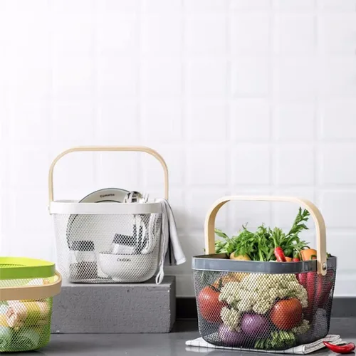 Vista 6 de Cesta organizadora de almacenamiento de malla de acero, cesta de frutas con mango de madera, ideal para cocina, baño, cestas de picnic, despensa