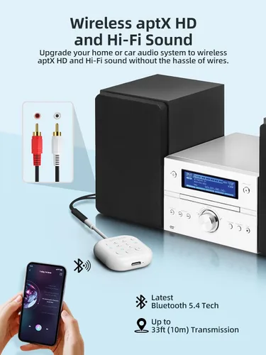 Vista 5 de Receptor transmisor Bluetooth 5.4, transmisor inalámbrico 2 en 1 de baja latencia para avión, TV, PC, interruptor, compatible con emparejamiento