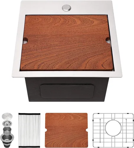 Vista 36 de Kichae Fregadero de 15 pulgadas para RV - Fregadero de barra de 15 x 15 x 5, fregadero de cocina pequeño, sobremontado, de montaje superior