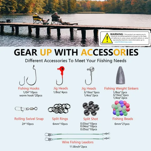 Vista 5 de Kit de señuelos de pesca, incluyendo cebos, anzuelos, palas, lombrices, plomos, ganchos, caja de aparejos y más equipo de pesca para truchas