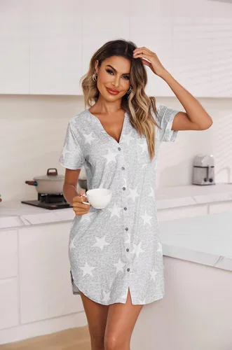 Vista 3 de Ekouaer Camisón abotonado con cuello en V para mujer