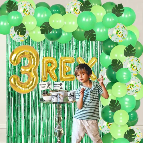 Vista 3 de Decoraciones de dinosaurio de tercer cumpleaños para niños, kit de guirnalda de globos de dinosaurio, 3 globos de aluminio REX, hojas artificiales