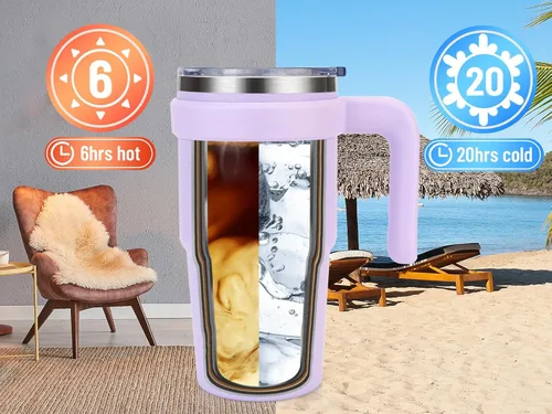 Vista 4 de Zukro - Vaso aislado con forro de cerámica de 20 onzas con asa y pajilla, diseño a cuadros No Metal Taste, Double Wall Stainless Steel Coffee Cup