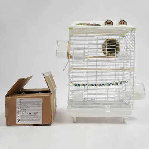 Vista 7 de Jaula para pájaros de hierro de 2 niveles, jaula de loros de palomas, jaula de periquitos de 30 pulgadas con cajas de agua/alimentos, jaula