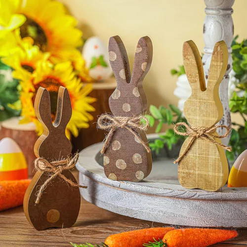 Vista 3 de 3 piezas de decoración de conejo de madera de Pascua con cuerda, letrero de decoración de conejo rústico de 5.91 pulgadas, centro de mesa de conejo