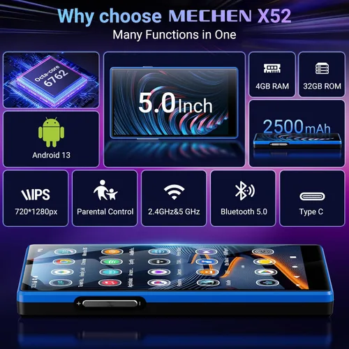 Vista 9 de MECHEN Android13 Reproductor MP3 160GB 5" 1080P IPS Bluetooth 5.0 WiFi Negro 160GB(4+32+128GB Card), 5" 720x1280 Display, Play Store for