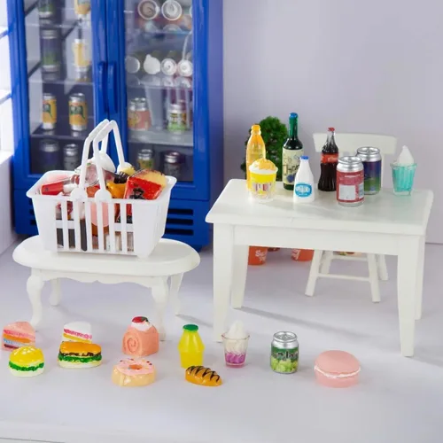 Vista 6 de 50 piezas de botellas en miniatura de comida y bebida, latas de refresco, accesorios de juego de cocina de simulación, juguetes de Hamburgo, pastel