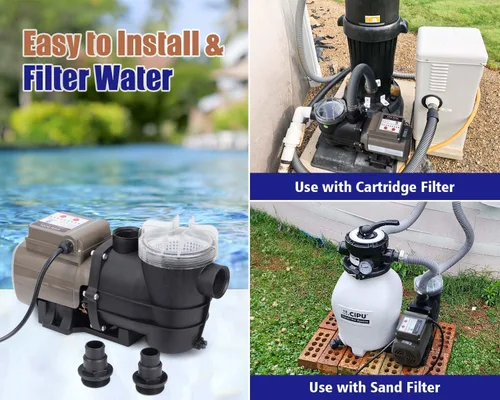 Vista 6 de CIPU Bomba de piscina con temporizador de 2700 GPH 115 V, potente autocebante sobre el suelo, 0.35 HP con cesta de filtro de bajo ruido
