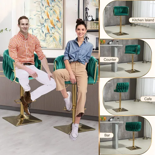 Vista 8 de Juego de 2 taburetes de bar giratorios de terciopelo, taburetes de bar ajustables y cómodos, silla de comedor moderna con respaldo tejido, taburetes