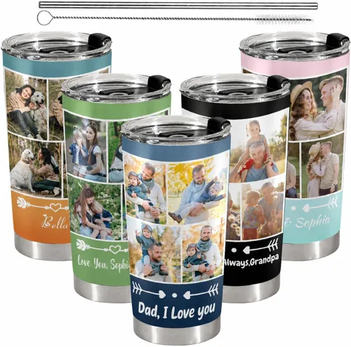 Vista 15 de Vaso personalizado con texto fotográfico, vaso de acero inoxidable con pajilla, taza de café personalizada con foto de viaje, regalo
