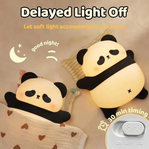 Vista 4 de Linda luz nocturna recargable de panda, luz nocturna para guardería con 3 niveles de atenuación y temporizador, luz nocturna de silicona de lindo