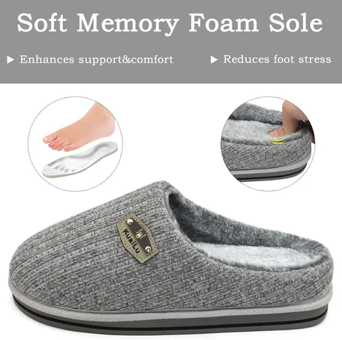Vista 3 de KuaiLu Pantuflas ortopédicas de espuma viscoelástica para hombre, a la moda, casual, mezcla de lana, a rayas, tejidas con forro de felpa sherpa
