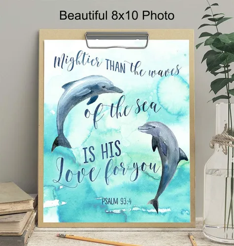 Vista 3 de Mightier Than the Waves Dolphins - Decoración de pared con versículo bíblico religioso - Decoración de las Escrituras cristianas para dormitorio