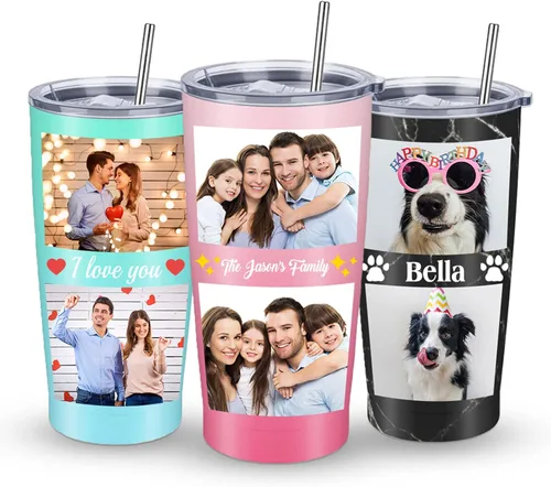 Vista 11 de Regalos personalizados para mujeres, vaso delgado personalizado con nombre, flor de nacimiento, vaso aislado personalizado con tapa y pajita, regalo