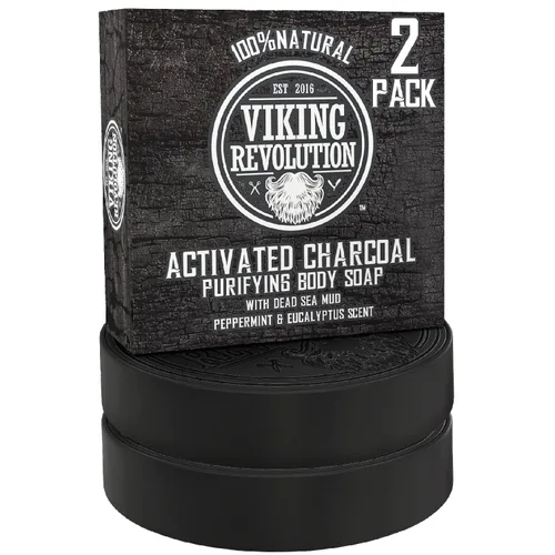Vista 6 de Viking Revolution Jabón de carbón activado con agente limpiador de la piel para hombres con barro del mar muerto, cuerpo y cara, limpiador, puntos
