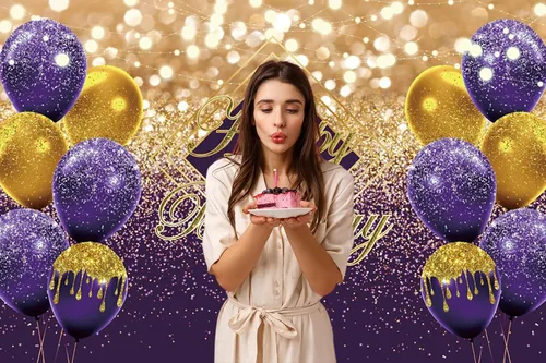 Vista 4 de Renaiss Telón de fondo violeta de 5 x 3 pies para sesión de fotos de niños, hombres y mujeres, retrato de globos dorados morados, fondo