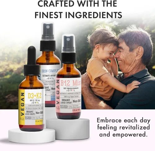 Vista 5 de Energy & Vitality Bundle - Trío de aerosol de vitaminas líquidas – B12 metilcobalamina, bisglicinato de hierro y D3 (Lichen) y K2 (MK4 y MK7), sin