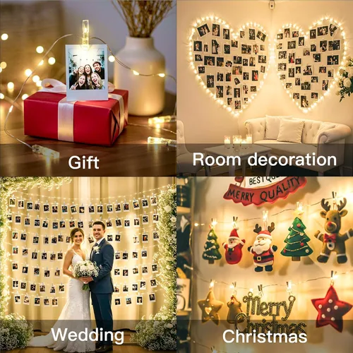Vista 5 de SUDDUS Luces de Hadas de 16 pies con 50 LED y 22 clips, funciona con batería/USB, luces parpadeantes para fotos con control remoto y temporizador