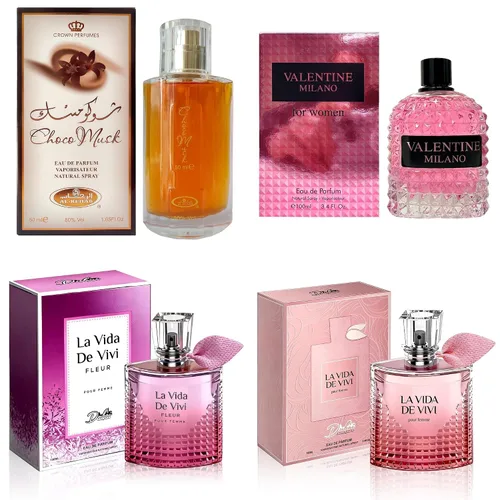 Vista 12 de AFLUXE Set de perfume para mujer, 4 piezas, colección Eau De Parfum de larga duración, almizcle Choco/Milano Mujer/6pm Rosa/7AM Fresh