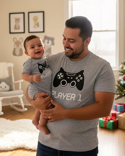 Vista 5 de Tstars Player 1 & Player 2 - Conjuntos a juego para papá y bebé Divertido juego de camiseta de jugador para el día del padre y nuevos papás