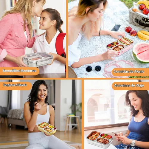 Vista 7 de Kit de lonchera de acero inoxidable 18/8 de 25 onzas (caja de bento + tenedor/cuchara), 3 compartimentos a prueba de fugas, caja de aperitivos