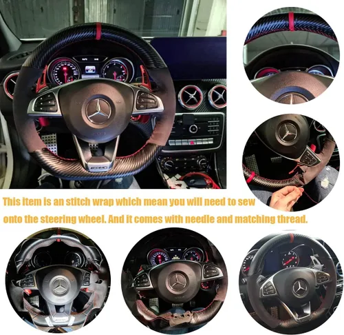 Vista 5 de Cubierta de volante de fibra de carbono mate negro y cuero de ante con costura manual, ajuste envolvente para Mercedes Benz W205/C43 GLA45 GLC43