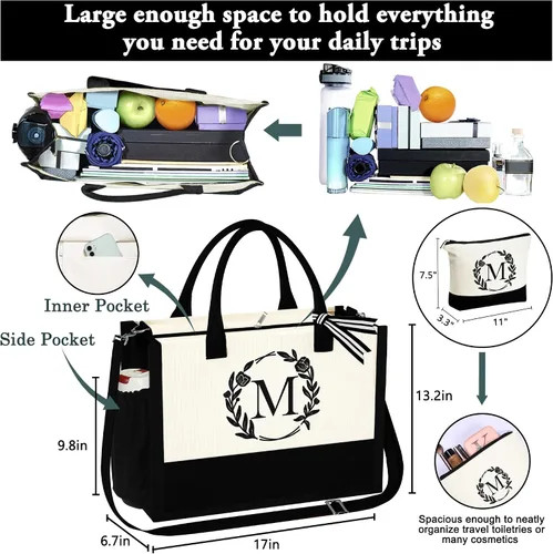 Vista 4 de YOOLIFE Bolsa de lona con inicial, bolsa de playa, bolsa de maquillaje con cremallera, regalos personalizados para madres, amigas, regalos