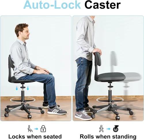 Vista 6 de Silla de dibujo con rueda de gravedad de bloqueo automático, silla de escritorio de pie ajustable en altura, taburete de dibujo alto, con respaldo
