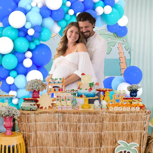 Vista 4 de Kit de arco de guirnalda de globos de color verde azulado y blanco – Arco de guirnalda de globos de mar con globos azules y verde azulado