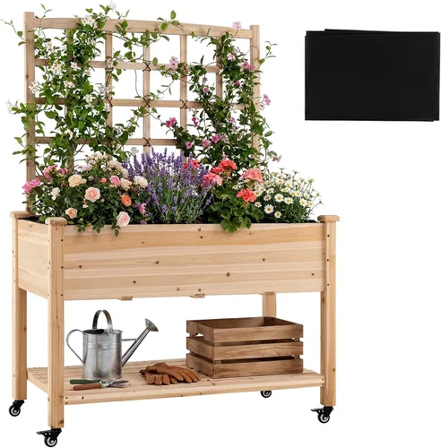 Vista 12 de Giantex Cama de jardín elevada, maceta elevada de madera con forro, cama elevada independiente de 47 x 23 x 30 pulgadas para plantas