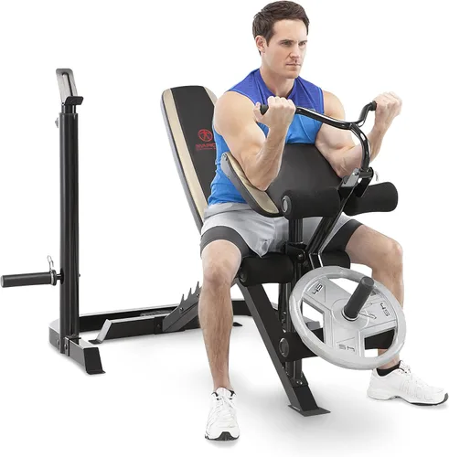 Vista 8 de Marcy Olympic Workout Bench for Home Gym Strength Training Equipment with Preacher Curl Pad and Weight Rack Storage, White/Black