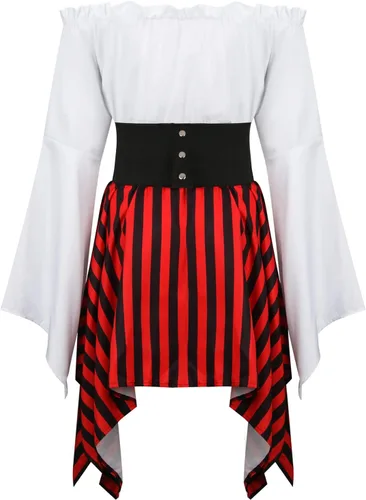 Vista 6 de 5 piezas de disfraz de pirata para mujer, cosplay, renacentista, blusa superior, corsé, cinturón de cintura, falda, rayas, pañuelo para la cabeza