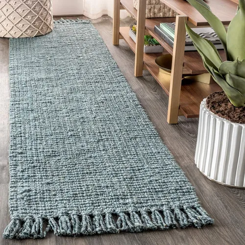 Vista 12 de JONATHAN Y Alfombra de yute tejida a mano con borlas color azul claro/gris, 5x8, Pata, estilo bohemio, rústico, de cabaña, fácil de limpiar