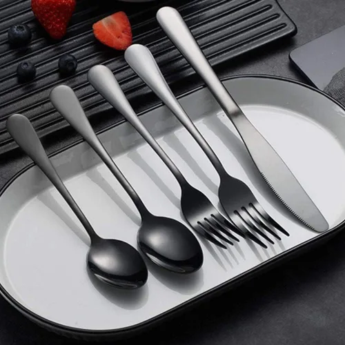 Vista 4 de Juego de cubiertos negros para 12 cubiertos de acero inoxidable, 60 piezas, cuchara, tenedor, cuchillo, utensilios de cocina, mango redondo ancho