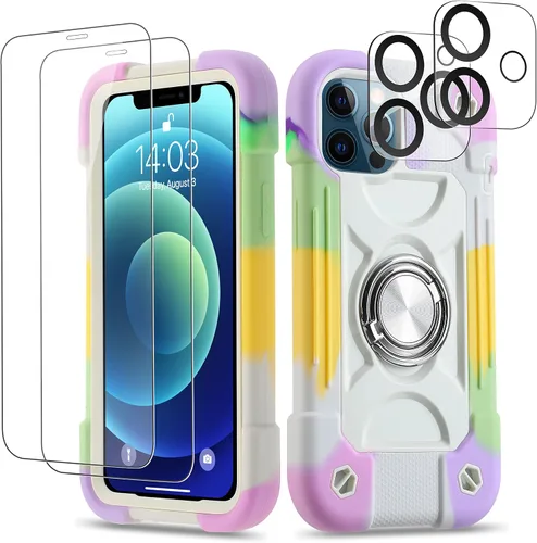 Vista 95 de Funda para iPhone 11 de 6.1 pulgadas con soporte de anillo, con 2 protectores de pantalla de vidrio, resistente a los golpes, resistente a