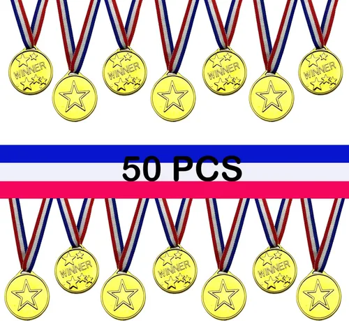 Vista 2 de 50 medallas de oro de plástico ganador de medallas de premio para niños deportes escolares, competiciones de fútbol, juegos, espectáculo