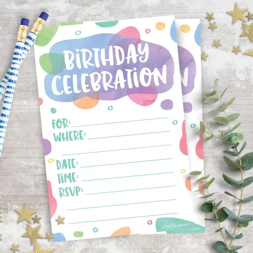 Vista 8 de Puntos de acuarela – Invitaciones de fiesta de cumpleaños – Estilo de relleno (20 unidades) con sobres