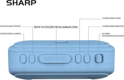 Vista 4 de Sharp - Reloj despertador con batería con funda suave al tacto y luz de fondo, color azul claro